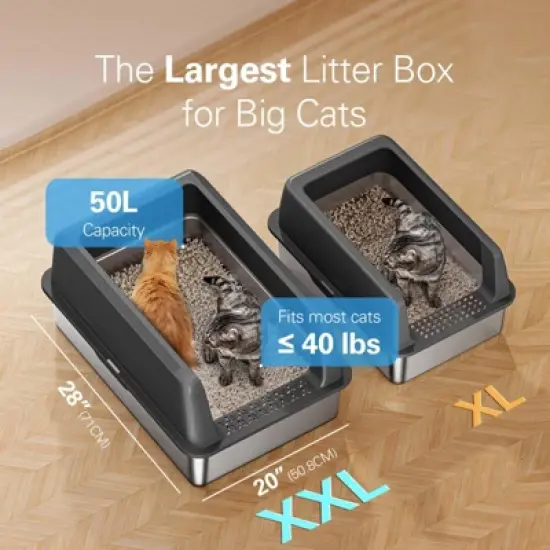 Zarler Extra Large Stainless Steel Litter Box with Lid, XXL Cat Litter Boxes, Litter Box for Multiple Cats, Non-Sticky, Anti-Urine Leakage, Gray image {1}