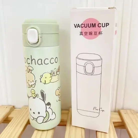 Paaaawaters Portable Vacuum Pea Cup with Push-Button Lid and Cartoon Characters Light Green image {1}