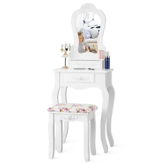 Costway White Vanity Jewelry Makeup Dressing Table Stool Drawer image {3}
