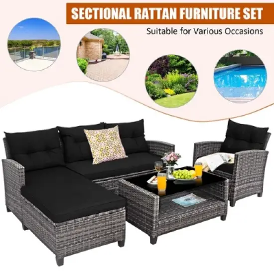 Tangkula Set of 4 Rattan Furniture Set Sofa Ottoman Cushion Garden Deck Patio Black image {4}