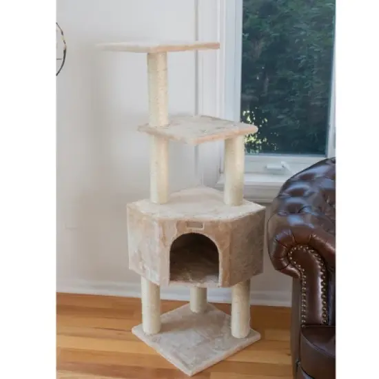 GleePet GP78480321 48-Inch Real Wood Cat Tree In Beige With Perch And Playhouse image {2}
