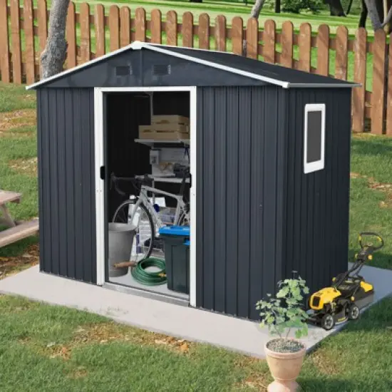 8ft x 4ft Outdoor Metal Storage Shed With window and metal foundation,Gray image {8}