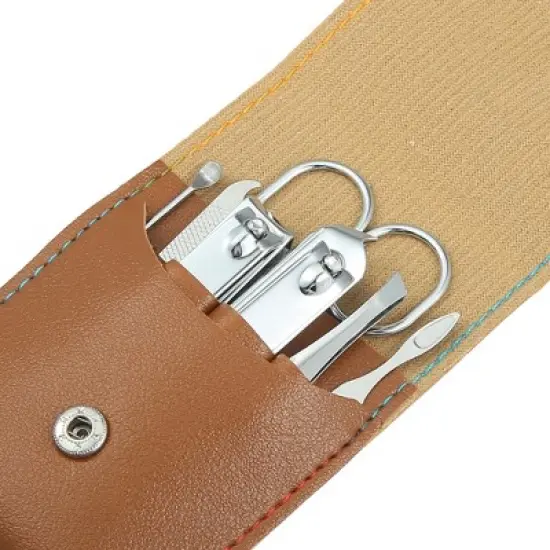 Unique Bargains Stainless Steel Pedicure Nail Clippers Scissors Tool Set for Men Women Silver with Brown PU Leather 7Pcs image {2}
