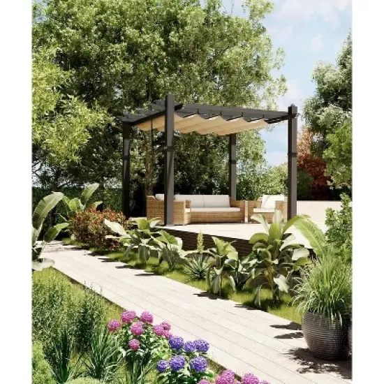 10x10ft Outdoor Aluminum Pergola with Retractable UV Canopy Water Resistant Gray Frame Blue Curtains image {6}