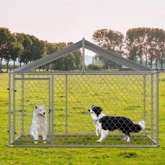 Outside Dog Kennel with Roof, Galvanized Steel Pet Enclosure Chain Link Dog House (90"D x 90"W x 65"H) image {3}