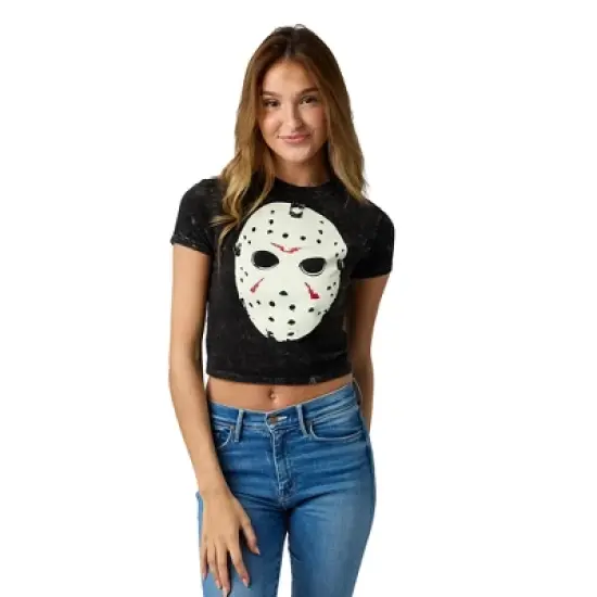 Friday The 13th Hockey Mask Women&rsquo;s Gray Mineral Wash Crew Neck Short Sleeve T-shirt image {2}