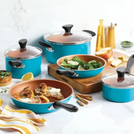 Farberware Reliance Pro 14pc Ceramic Nonstick Cookware Set with Prestige Tools Aqua: Gas & Electric Safe, Rust-Resistant image {1}