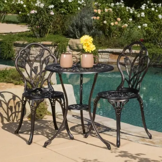 Christopher Knight Home Nassau Outdoor Vintage Style Cast Aluminum Bistro Set with Tulips image {7}