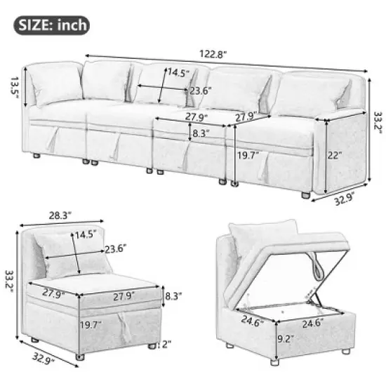 122.8" Minimalist Convertible Modular Sofa, Upholstered Sectional Sofa Couch with 5 Pillows-ModernLuxe image {3}
