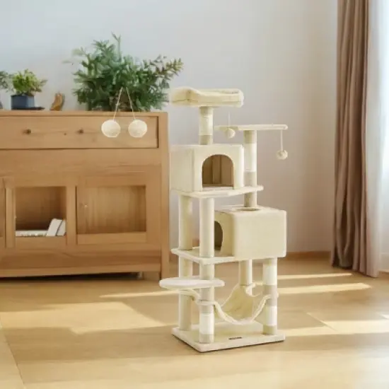 61-Inch Cat Tree Cat Tower for Indoor Cats - Plush Multi-Level Cat Condo with 5 Scratching Posts, 2 Perches, 2 Caves, Hammock, 2 Pompoms image {3}