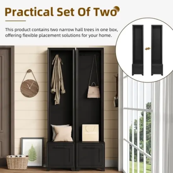 TIRAMISUBEST Hall Tree Set of 2 - 3-in-1 Entryway Organizer with Bench & Storage, Farmhouse Style, Black Retro Handles image {6}