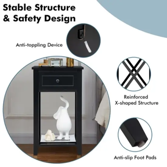 Costway 2 PCS Nightstand Sofa Side End Table W/ Drawer & Shelf Bedroom Black image {7}