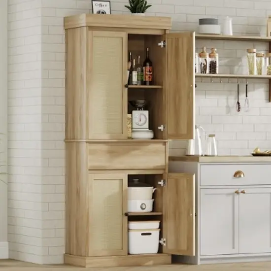 Kitchen Pantry Cabinet, Tall Storage Cabinet with Rattan Doors and Adjustable Shelves, Freestanding Cupboard with Drawer image {9}