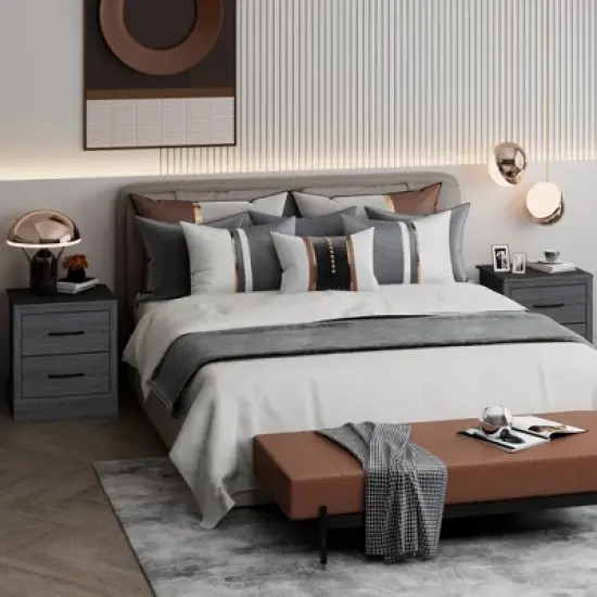 Costway 2 Drawer Nightstand Bedside Table Compact Sofa End Table Dark Grey Oak/Walnut image {4}