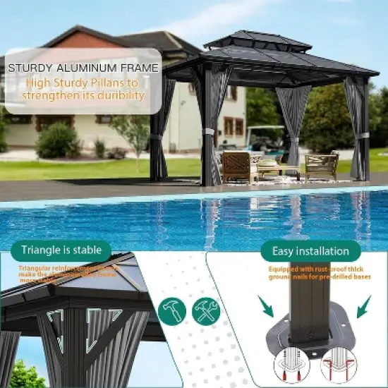 Hardtop Gazebo, Aluminum Frame Gazebos with Double Roof, Pergolas for Patios, Garden, Parties, Lawns image {7}
