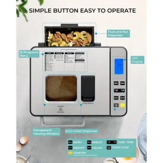 Simzlife 25 in 1 Bread Maker, 3 Loaf Sizes, Preprogrammed Menu, Delay Timer, Digital Control, Stainless Steel, Compact Machine, for Beginner, Silver image {2}