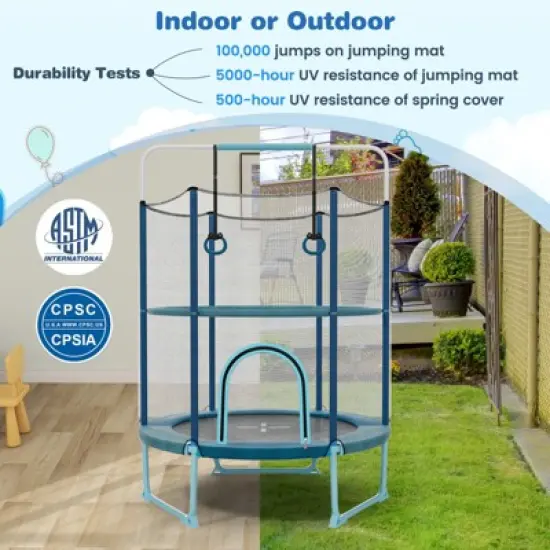 Costway 60'' Trampoline for Kids w/Gymnastic Bar Rings Foamed Handle No Gap Design Orange/Blue image {6}