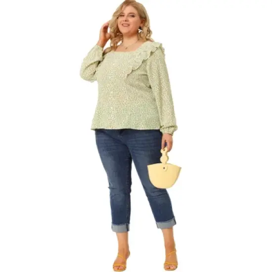 Agnes Orinda Women's Plus Size Blouses Long Sleeve Square Neck Ditsy Ruffle Floral Tops image {2}