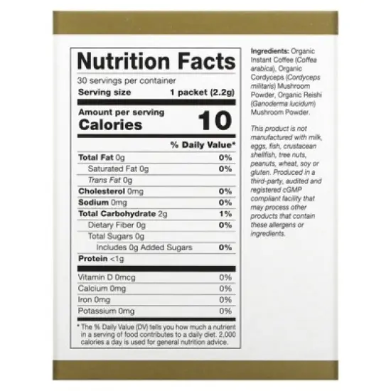 California Gold Nutrition CafeCeps, Certified Organic Instant Coffee with Cordyceps, and Reishi Mushroom Powder, 30 Packets, 0.08 oz (2.2 g) Each image {1}