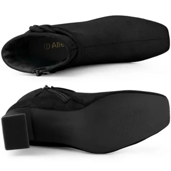 Allegra K Women's Knot Decor Square Toe Side Zip Chunky Heels Ankle Boots image {4}