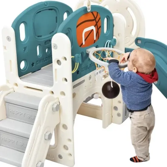 HDPE Kids Slide Playset Structure, Freestanding Castle Climbing Crawling Playhouse with Slide, Arch Tunnel, Ring Toss, and Basketball Hoop image {3}