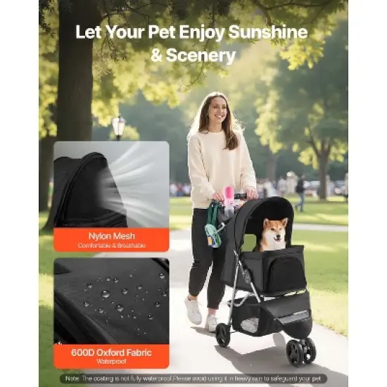 VEVOR Pet Stroller, 35 lbs Weight Capacity, Foldable Dog Stroller Cart, 3 Wheels Cats Stroller with Mesh Windows and Cup Holders, Black image {3}