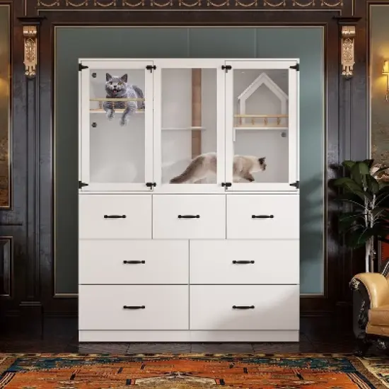 FUFU&GAGA White Multifunctional Pet Furniture Cat Cabinet with Cat Climbing Shelf Design, Creating a Comfortable Paradise and Tidy Home for Cats image {1}