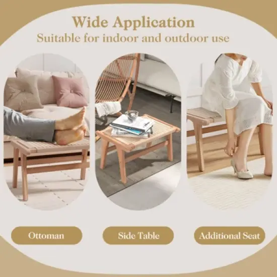 Costway 1/2 PCS Teak Wood Ottoman Footstool with Braided Rope for Living Room Bedroom Office image {7}