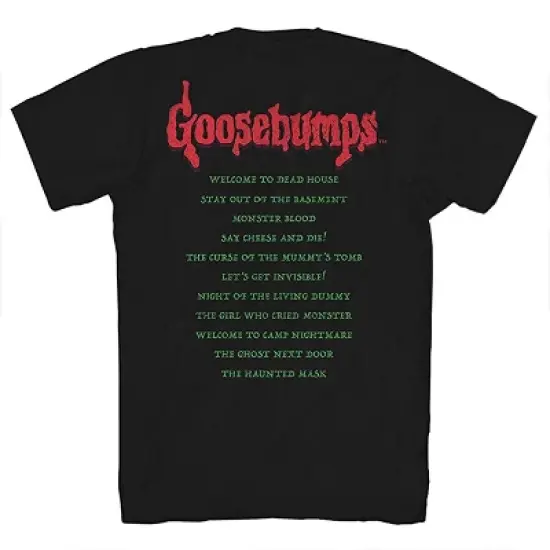 Mens Goosebumps Horror Mask Shirt - Goosebumps Book List Front and Back Mens T-Shirt (Black, X-Large) image {1}