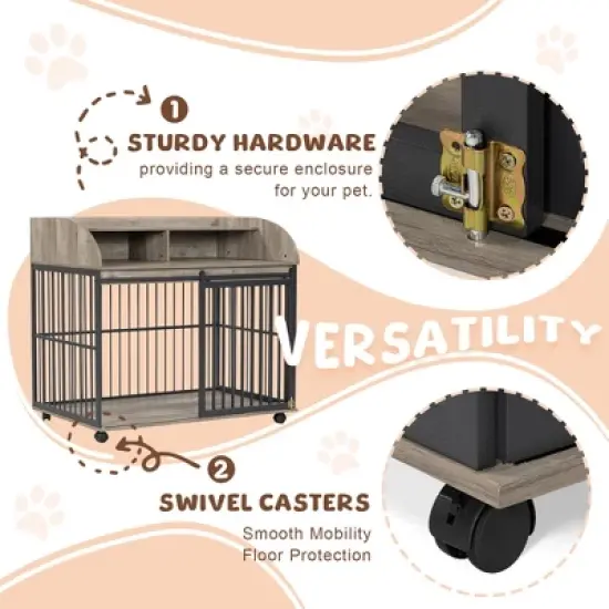YOOCOZZ 44'' Heavy Duty Large Dog Crate, with Lockable Wheels, Wooden Dog Crate Dog Kennel, End Table Crate with Double layer storage-Gray image {10}