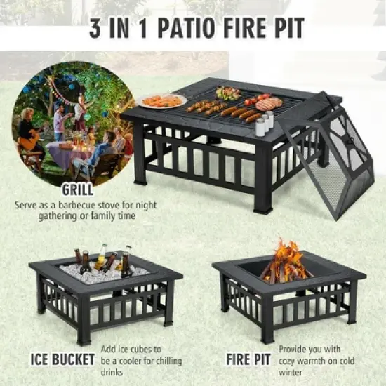 Costway 32'' 3 in 1 Outdoor Square Fire Pit Table W/ BBQ Grill, Rain Cover for Camping image {5}