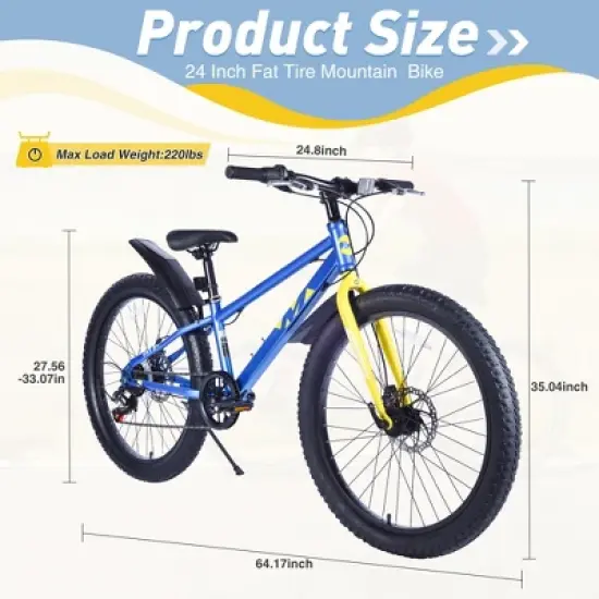 24 Inch Bike, Fat Tire Mountain Bike for Boys and Girls Ages 10+, Double Disc Brakes, 7 Speed, Kids Beach and Snow Bike image {4}