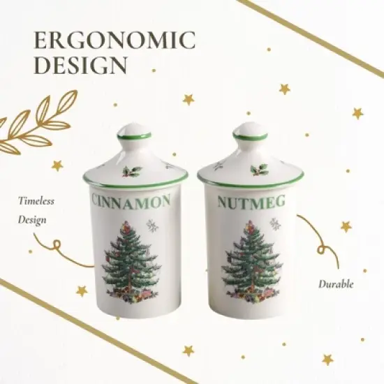 Spode Christmas Tree Spice Jars - Set of 2 Porcelain Jars for Cinnamon & Nutmeg, 4.5 Inch Seasoning Storage Jars, Beautiful Festive Kitchen D&eacute;cor image {5}
