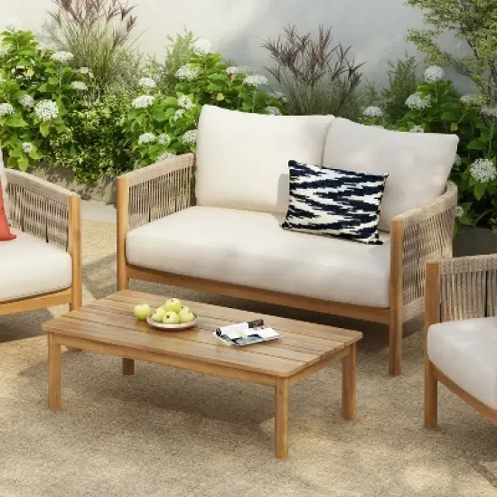 Christopher Knight Home Gilda Patio Rope Weaving Acacia Wood Loveseat and Coffee Table Seating Set image {9}
