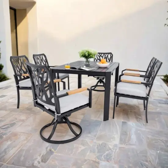 DOMETOUR 7Pcs Outdoor Patio Aluminum Dining Set, with 4 Dining Chairs & 2 Swivel Rockers, Branch-Like Backrest, Table with Umbrella Hole image {11}