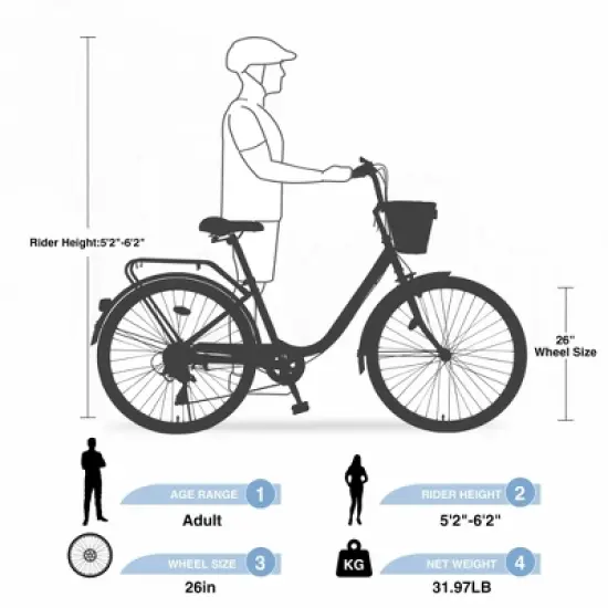 NAYSAYE Bicycle 7 Speed City Bike with Basket Steel Frame for Girls for Commuting and Leisure, Blue, 66.93"*24.8"*41.34" image {1}