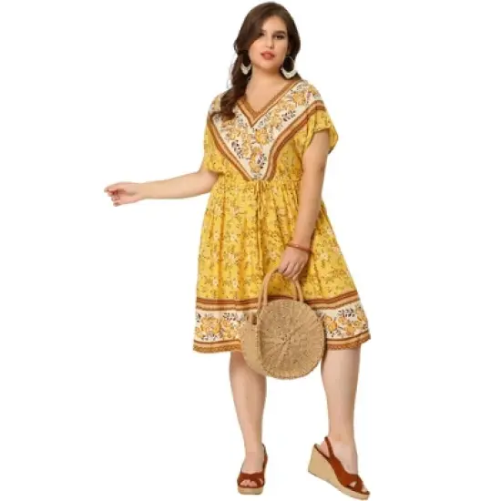 Agnes Orinda Women's Plus Boho Floral Pattern V Neck Drop Shoulder Drawstring Waist Dresses image {2}