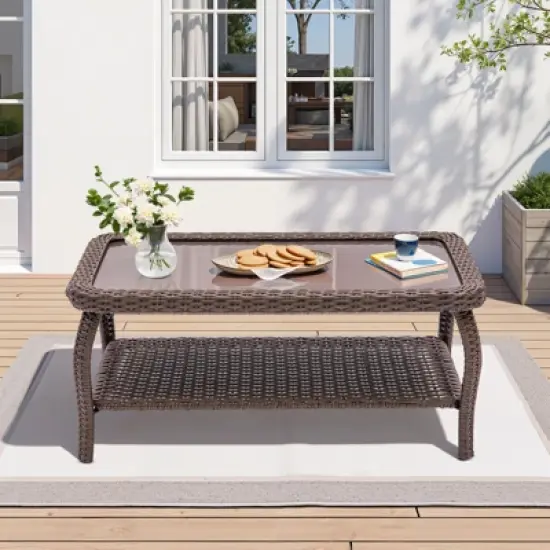 Outdoor Wicker CoffeeTable Patio Coffee Tables for Outside, Tempered Glass Top Wicker Table with Storage Coffee Table for Patio Balcony Porch Deck image {5}