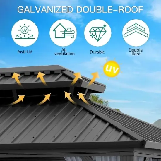 Garvee 10'x10' Outdoor Gazebo, Hardtop Double Roof Canopy with Netting and Curtains, Gazebo Galvanized Iron Aluminum Frame Garden Tent(Gray) image {4}