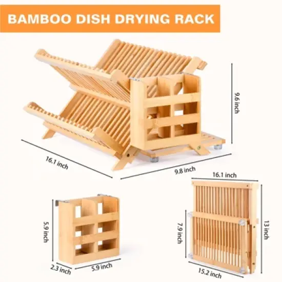 KTMBDW Bamboo Dish Drying Rack, 3 Tier Collapsible Dish Rack with Utensil Holder, Wooden Dish Drying Rack for Kitchen Counter, Dish Drainer, Natural image {1}