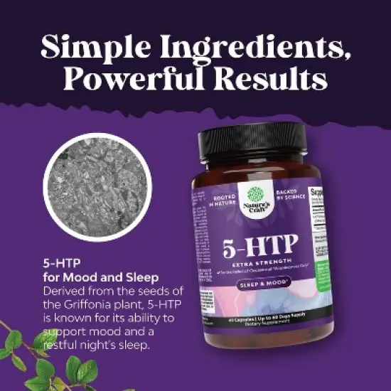 5 HTP Supplement 5-Hydroxytryptophan, Gentle Herbal Sleep & Mood Enhancer, Mood Supplement & Sleep Support Capsules, Nature's Craft, 60ct image {3}