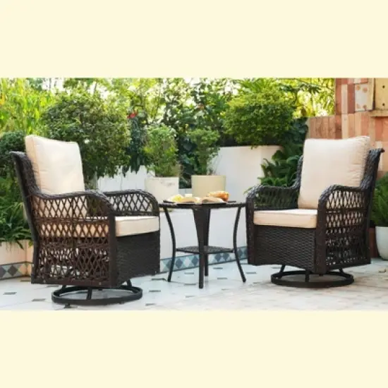 3 Pieces Outdoor Swivel Rocker Chair Set Swivel Glider Rocker Rocking Chair Set with Glass Top Table with Thick Cushions for Backyard, Outdoor image {2}