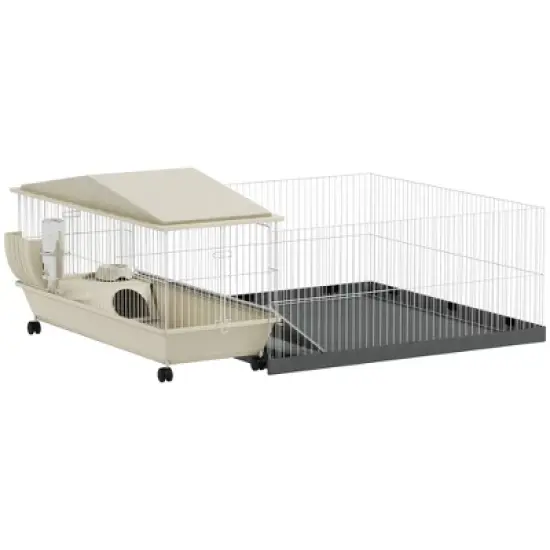 PawHut Small Animal Cage, Guinea Pig Cage with Removable Pet Playpen, Waterproof Pad, Hay Feeder, Water Bottle, Food Dish, Soft-Coverd Ramp, Wheels image {3}