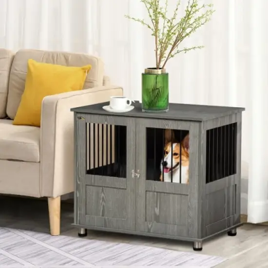 PawHut Dog Crate Furniture, Wooden End Table Furniture with Cushion & Lockable Magnetic Doors, Small Size Pet Kennel Indoor Animal Cage image {2}