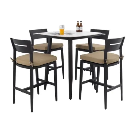 UNISOAR Modern 5PC Outdoor Patio Bar Set,Rounded Square Sintered Stone Table & 4 Swivel Bar Chairs,Non-Rust Aluminum Frame, Marble-Inspired Top image {10}