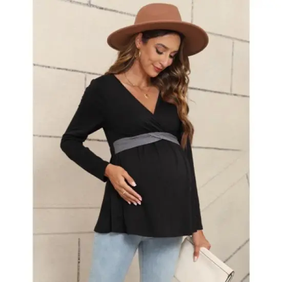 YesFashion Women&rsquo;s Maternity Shirts Long Sleeve Nursing Tops V Neck Patchwork Breastfeeding Shirts Pregnancy Clothes image {4}