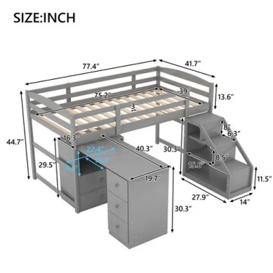 Twin Size Loft Bed with Multifunctional Movable Built-in Desk and Staircase-ModernLuxe image {2}