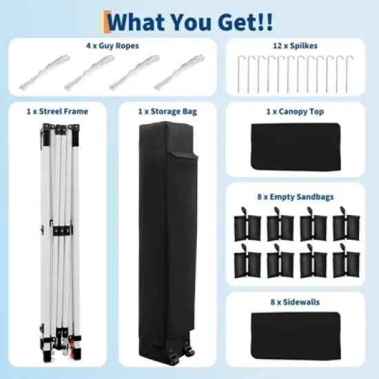 10x30 Heavy Duty Pop Up Canopy w/8 Sidewalls, Roller Bag & Full Kit (Anchors, Ropes, Stakes) - 3 Height Adjustable image {5}