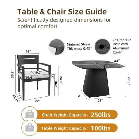 5-Piece Aluminum Outdoor Patio Dining Set, 44" Square Sintered Stone Table and 4 Armchairs with Sunbrella Cushions - Cuddlewood image {3}