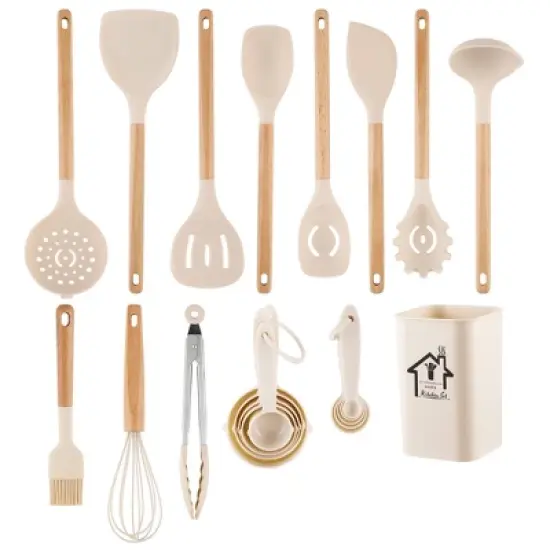 SKONYON 22-Piece Silicone Kitchen Utensil Set with Wooden Handles, Holder, Measuring Cups & Spoons, Nonstick-Safe image {11}
